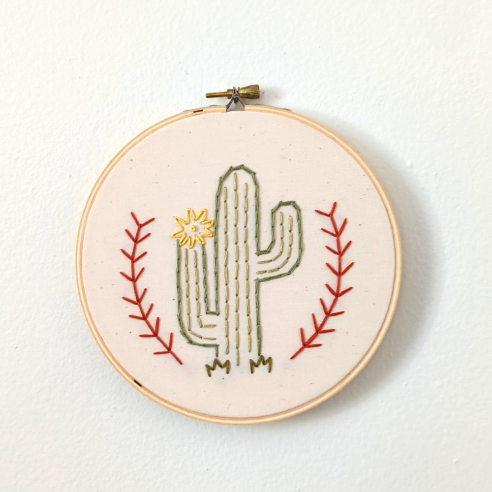 Cactus embroidery framed in a hoop